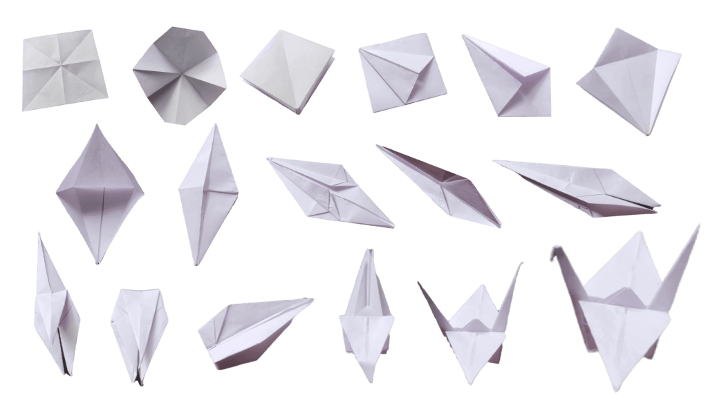 Folding steps to make an origami crane.